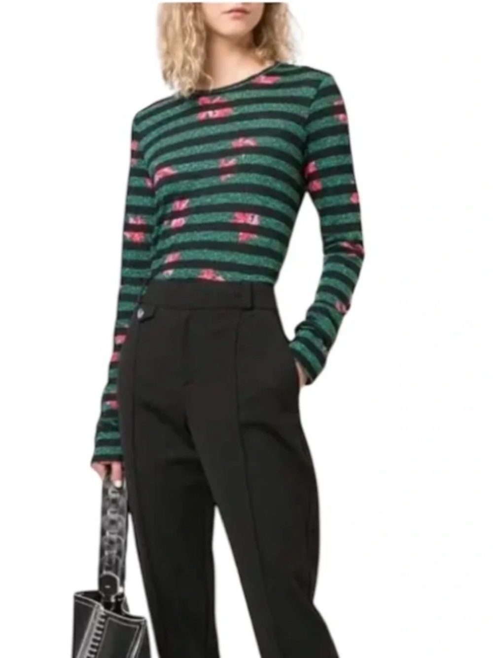 Proenza Schouler Black and Green Striped Top with Pink Floral Detail
